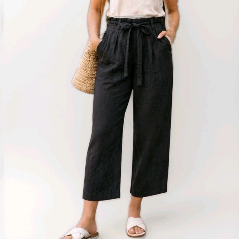 Tahari 100% Linen Pants Pleated Wide Leg Paperbag High Waist Belted Sz XS